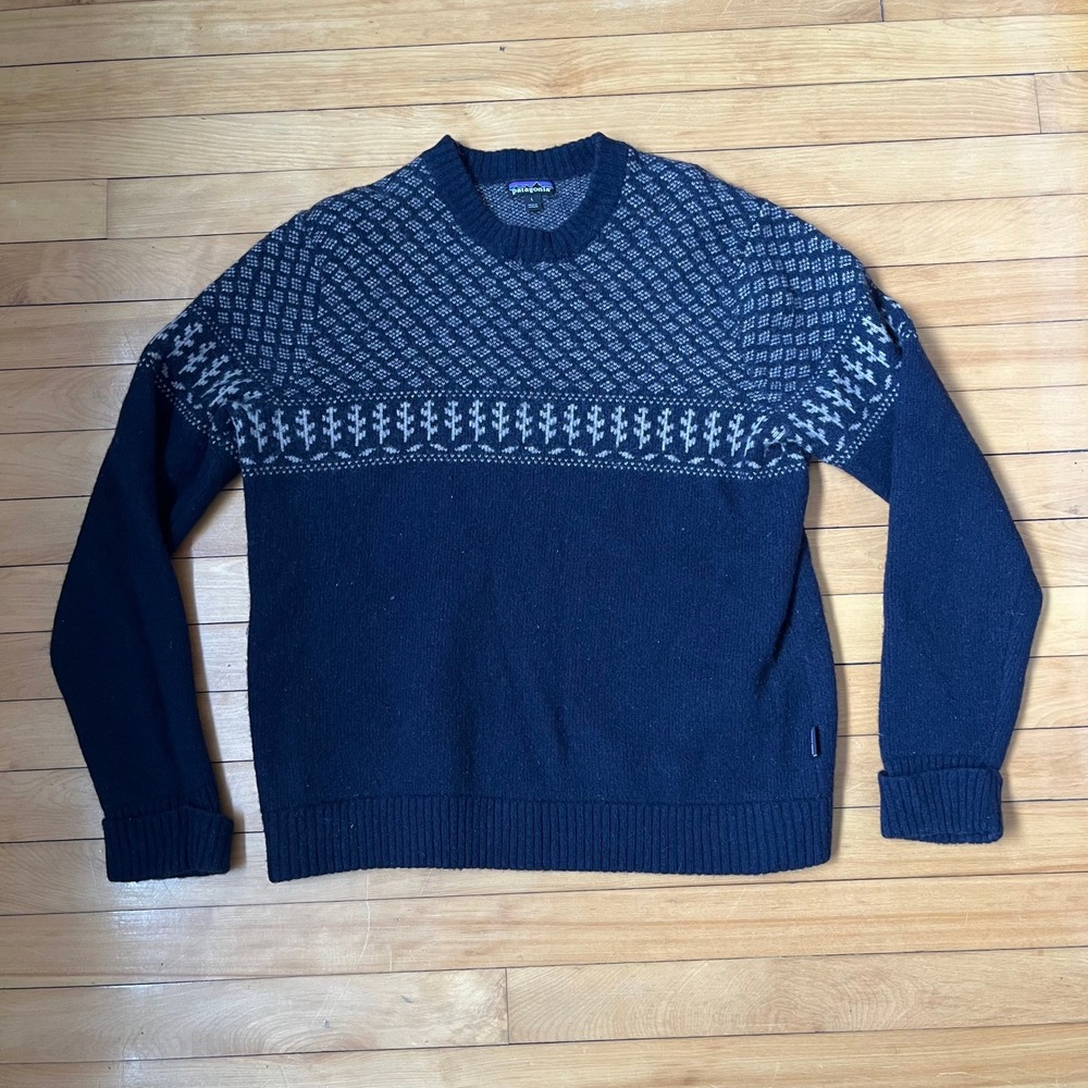 Patagonia Mens Navy Blue Recycled Wool Blend Fair Isle Crewneck Sweater Large - Picture 2 of 6